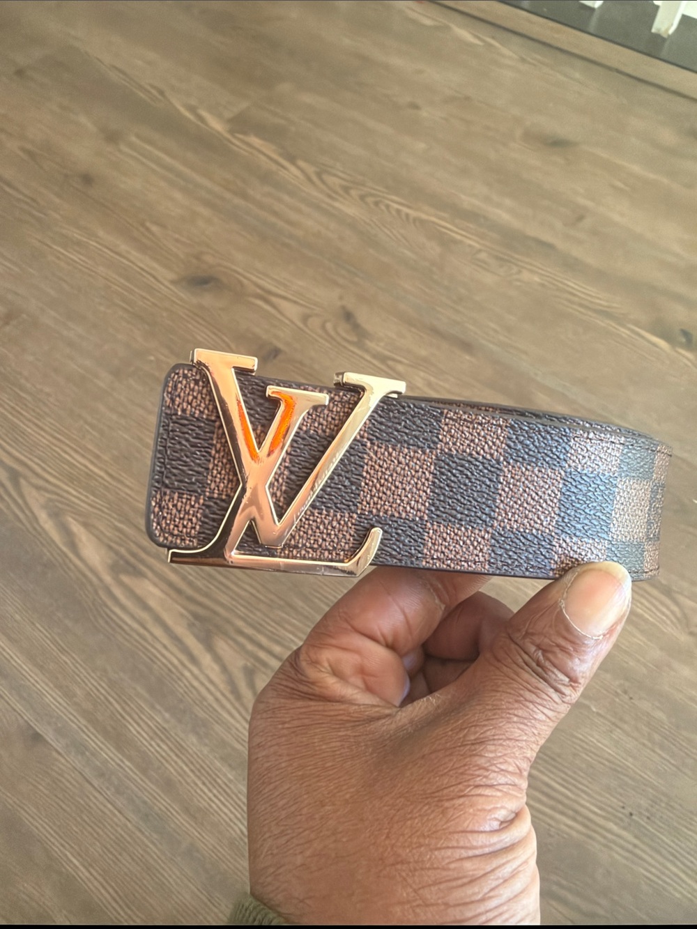 Brown Checkered Belt with Gold Buckle